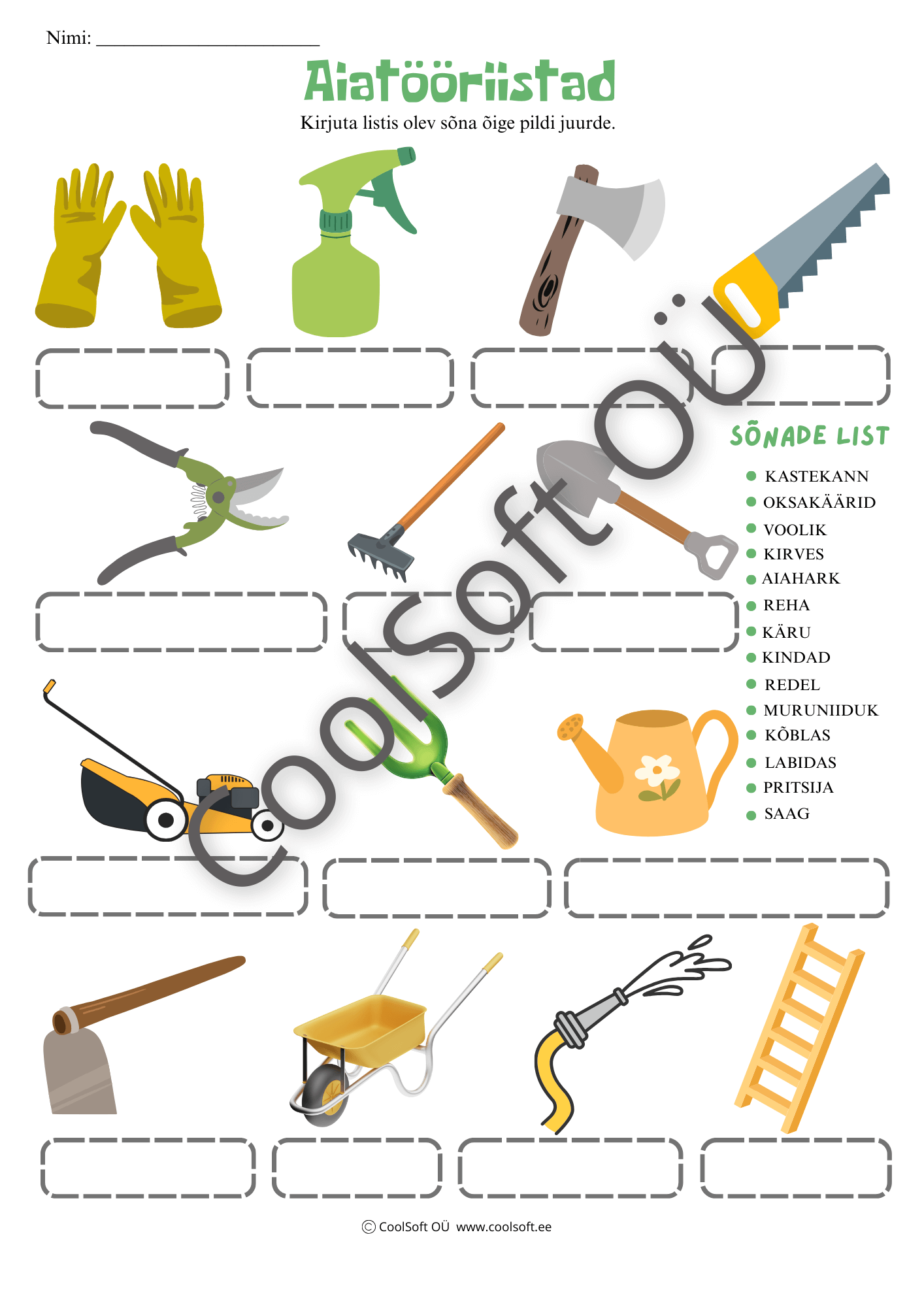 Aiatooriistad-–-sonavara-tooleht-lastele Aiatööriistade teemaline tööleht lastele, kus tuleb kirjutada õiged tööriistade nimetused piltide juurde