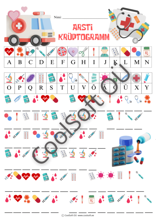Arsti krüptogrammi tööleht, kus laps lahendab piltide abil meditsiiniteemalisi sõnu ja lauseid