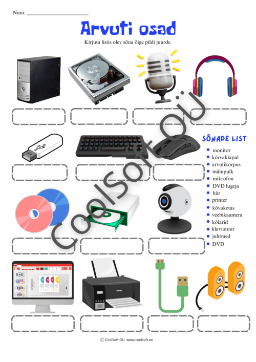 Arvuti osade tööleht lastele koos piltide ja sõnadega