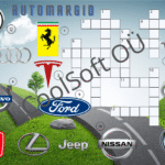 Automarkide ristsõna tööleht koos tuntud autode logodega