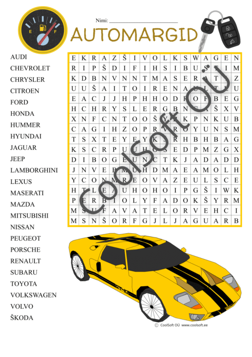Automargid – sõnaotsingu tööleht lastele