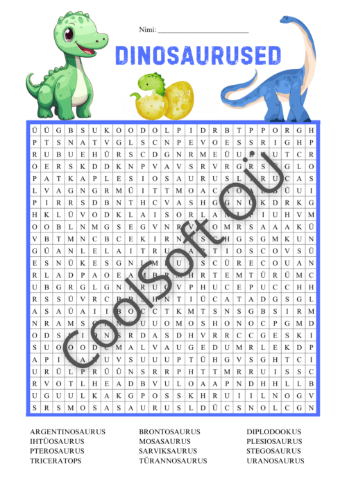 Dinosauruste teemaline sõnaotsingu tööleht lastele erinevate dinosauruste nimedega
