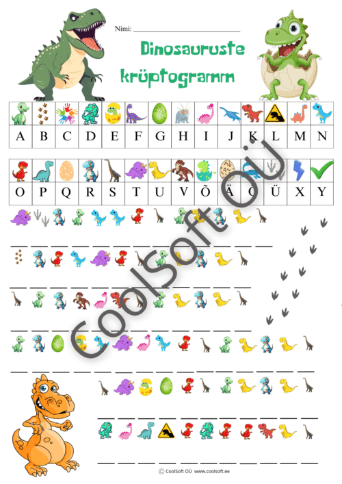 Dinosauruste teemaline krüptogrammi tööleht lastele piltide ja sümbolite abil sõnade lahendamiseks