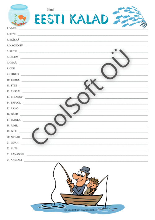 Eesti kalade tööleht, kus laps kirjutab segamini tähtedest kokku kalade nimetused.