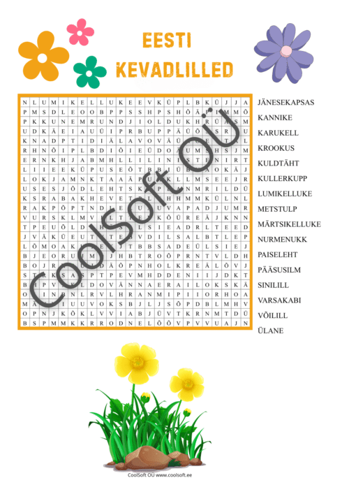 Eesti kevadlillede sõnaotsingu tööleht lastele kevadlillede nimetuste otsimiseks