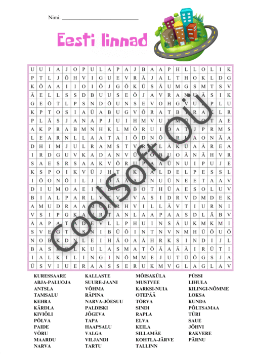 Eesti linnade sõnaotsimise tööleht lastele Eesti linnade nimedega