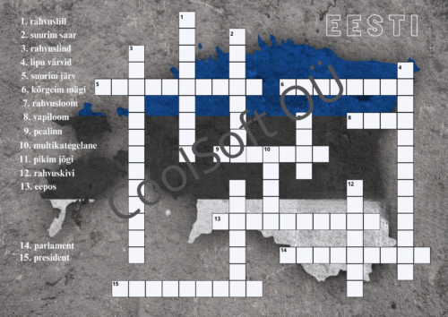 Eesti-teemaline ristsõna tööleht rahvuslike sümbolite ja faktidega lastele
