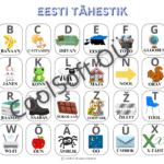 Eesti tähestiku tööleht, kus iga täht on seotud vastava pildi ja sõnaga.