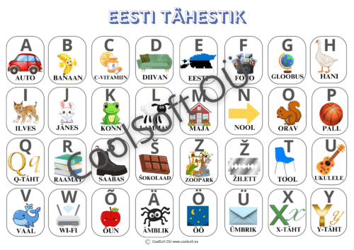 Eesti tähestiku tööleht, kus iga täht on seotud vastava pildi ja sõnaga.
