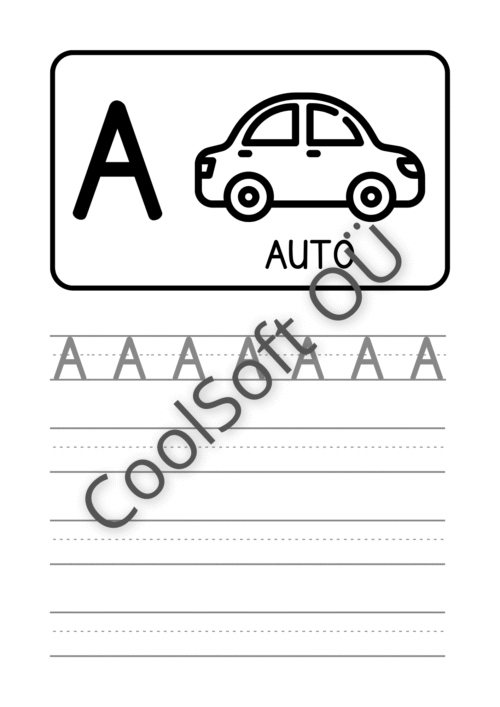 Eesti tähestiku tööleht tähe A õppimiseks koos pildi ja kirjutamisharjutustega