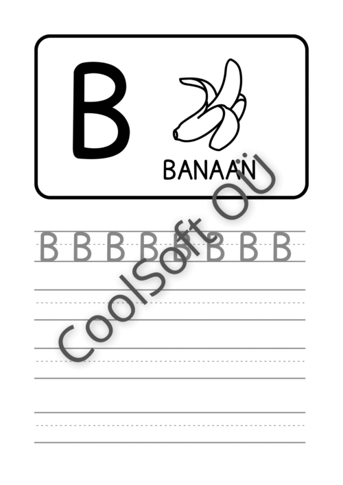 Eesti tähestiku tööleht tähe B õppimiseks koos pildi ja kirjutamisharjutustega