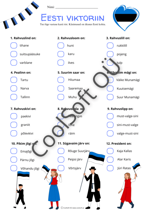 Eesti viktoriini tööleht lastele valikvastustega küsimustega