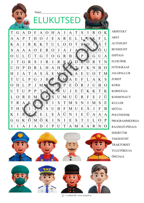 Elukutsed – sõnaotsingu tööleht lastele