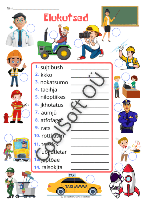 Elukutsete tööleht lastele segamini kirjutatud ametinimetustega