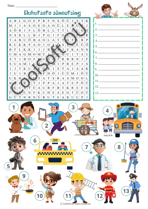 Elukutsete sõnaotsingu tööleht lastele koos ametite piltidega