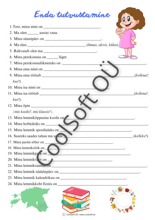 Enda tutvustamise tööleht lastele – juhendatud küsimused nime, pere, kooli ja hobide kohta