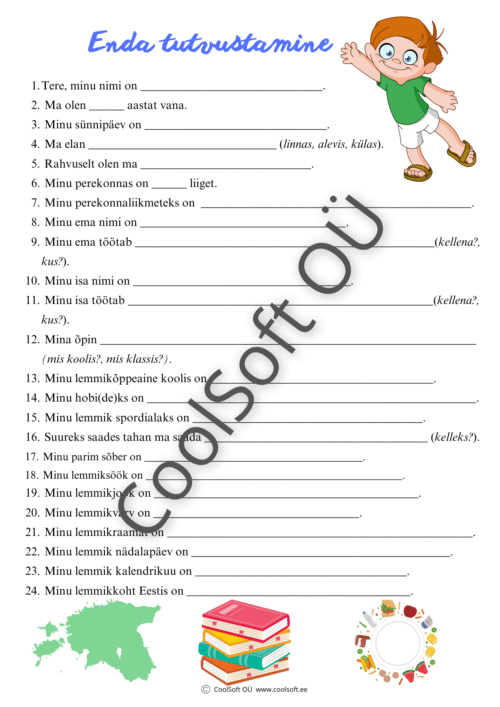 Enda tutvustamise tööleht lastele – juhendatud küsimused nime, pere, kooli ja hobide kohta