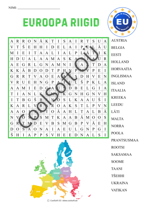 Euroopa riigid – sõnaotsingu tööleht lastele