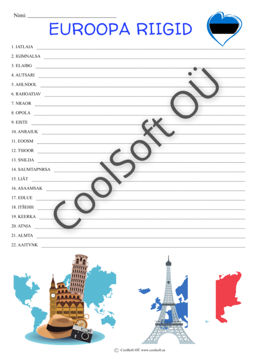 Euroopa riikide tööleht tähekrüptogrammiga lastele