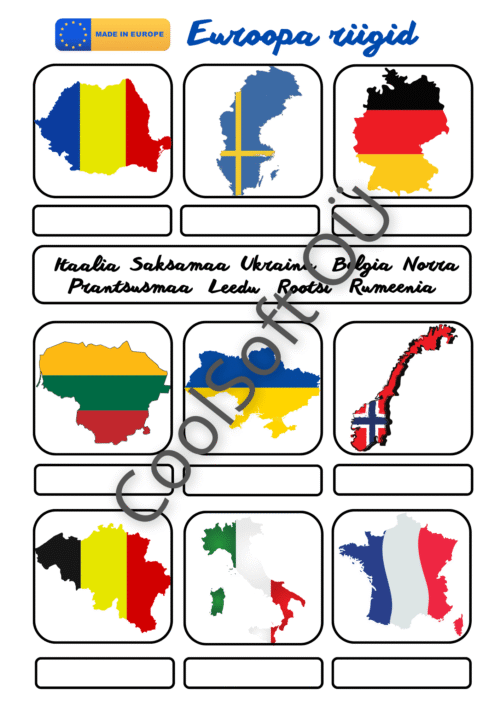 Euroopa riikide tööleht, kus laps seostab riigi kaardi kuju ja lipu riigi nimega