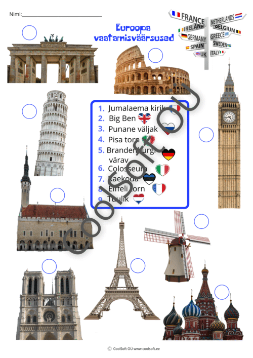 Euroopa vaatamisväärsuste tööleht laste jaoks tuntud Euroopa ehitistega