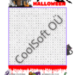 Halloween sõnaotsingu tööleht, kus laps otsib täheruudustikust halloweeniga seotud sõnu.