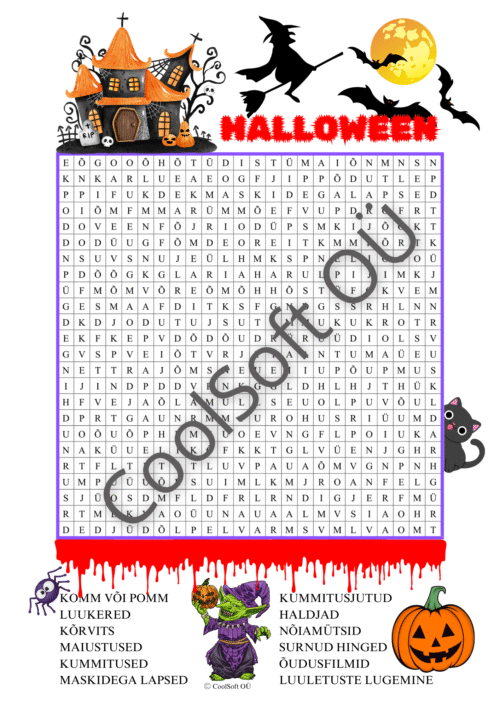 Halloween sõnaotsingu tööleht, kus laps otsib täheruudustikust halloweeniga seotud sõnu.