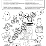 Halloween tööleht, kus laps värvib pildid vastavalt tekstis antud värvijuhistele.