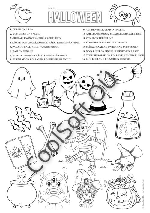 Halloween tööleht, kus laps värvib pildid vastavalt tekstis antud värvijuhistele.