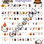 Halloweeni krüptogrammi tööleht, kus laps lahendab piltide ja tähtede abil salajasi sõnu.