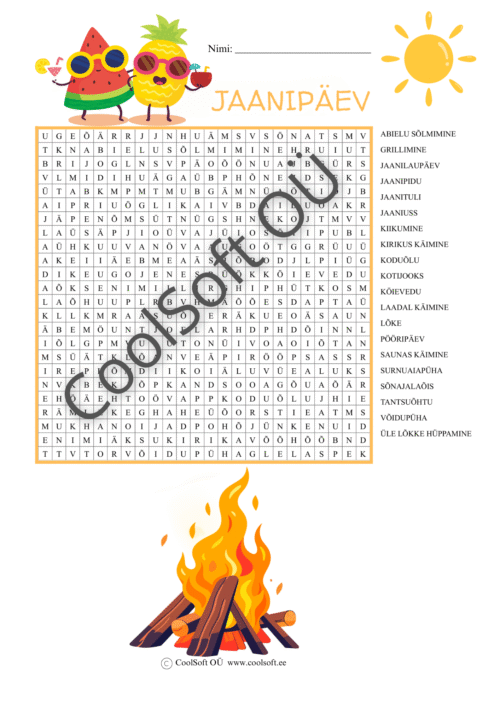 Jaanipäeva teemaline sõnaotsingu tööleht, kus lapsed otsivad ruudustikust jaanipäevaga seotud sõnu.