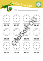 Laste tööleht „Joonista kell“, kus laps joonistab analoogkellale osutid vastavalt antud digitaalsele kellaajale