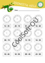 Laste tööleht „Joonista kell“, kus laps joonistab analoogkellale osutid vastavalt antud digitaalsele kellaajale