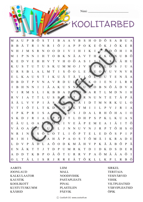 Koolitarvete teemaline sõnaotsingu tööleht lastele kooliga seotud sõnavaraga