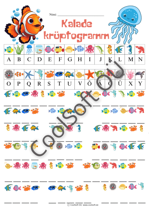 Kalade krüptogrammi tööleht, kus laps lahendab piltide abil kalateemalisi krüptogramme.