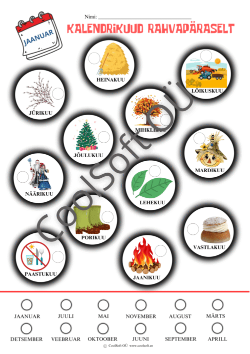 Kalendrikuud rahvapäraselt tööleht, kus lapsed seovad rahvapärased kuunimed tänapäevaste kalendrikuudega piltide abil.