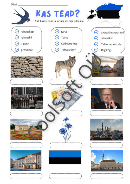 Kas tead tööleht Eesti sümbolite ja oluliste paikade tundmaõppimiseks