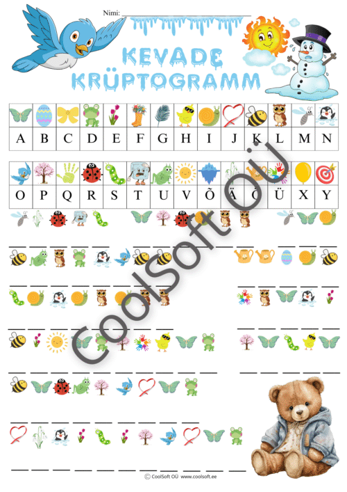 Kevade krüptogrammi tööleht lastele kevadiste piltide ja sümbolitega