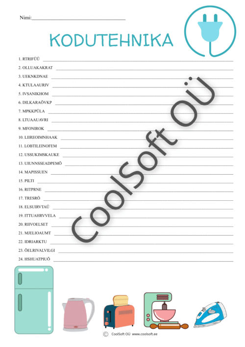 Kodutehnika tööleht lastele, kus on kujutatud külmkapp, veekeetja, röster, mikser ja triikraud.