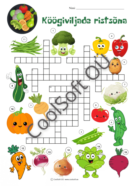 Köögiviljade ristsõna tööleht, kus laps kirjutab köögiviljade nimetused ristsõna lahtritesse piltide järgi.