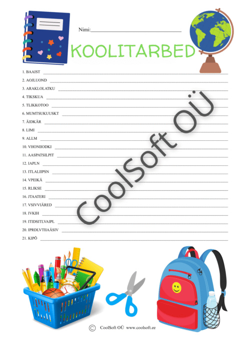 Koolitarvete teemaline tööleht tähtede järjestamise ülesannetega