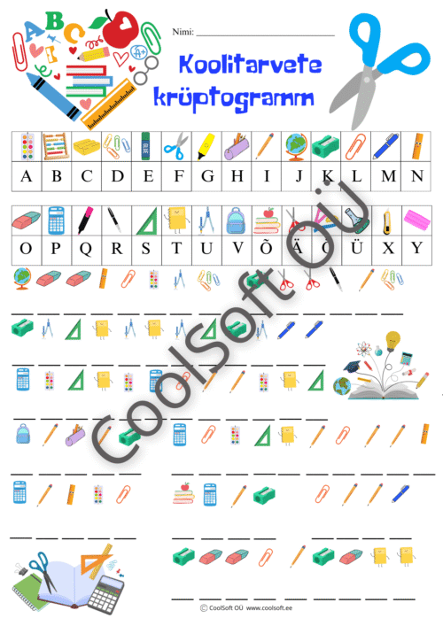 Koolitarvete krüptogrammi tööleht, kus laps kirjutab koolitarvete nimetused piltide ja tähtede abil.