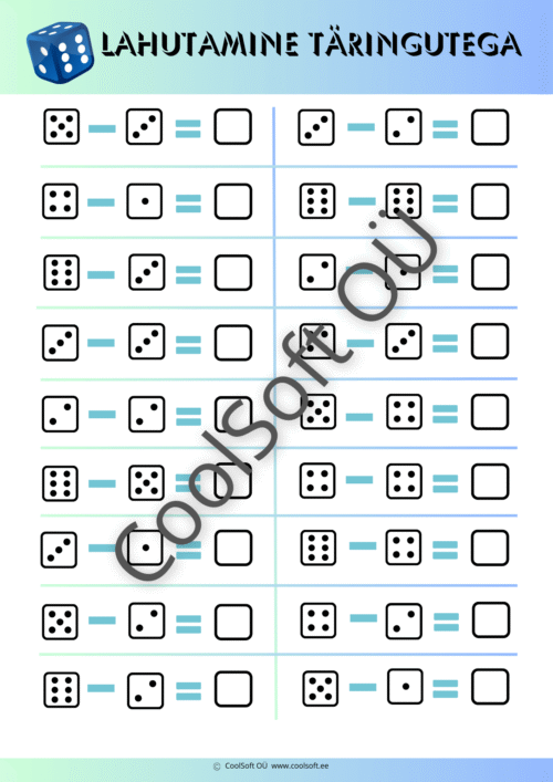 Lahutamine täringutega matemaatika tööleht lastele