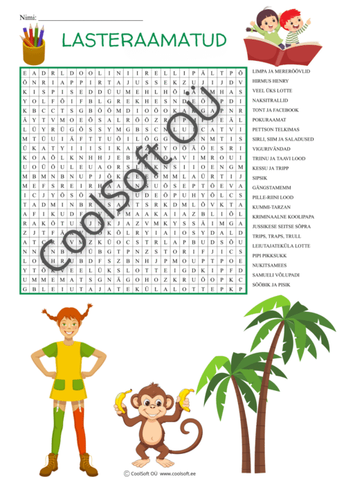 Lasteraamatute teemaline sõnaotsingu tööleht lastele eesti keeles