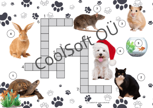 Lemmikloomade ristsõna tööleht koera, kassi, küüliku ja teiste loomade piltidega