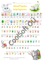 Lihavõttepüha krüptogrammi tööleht lastele jäneste ja lihavõttemunade illustratsioonidega