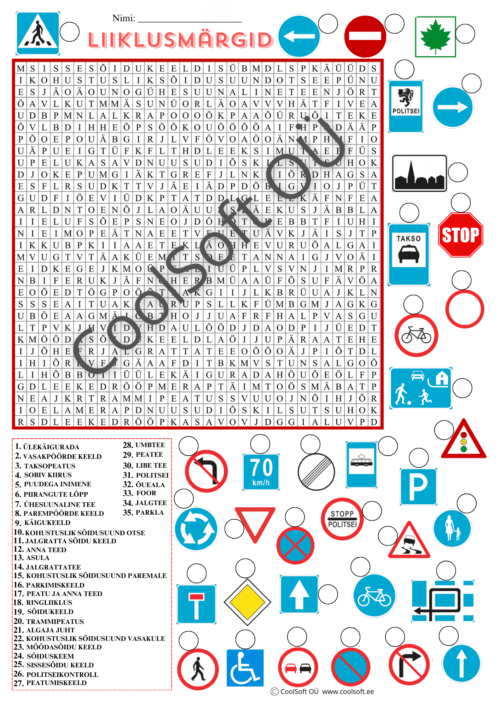 Liiklusmärkide sõnaotsimise tööleht lastele koos Eesti liiklusmärkide nimetustega