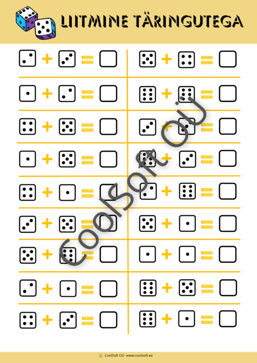 Liitmise tööleht täringutega – matemaatika ülesanded lastele, 2-leheküljeline tööleht