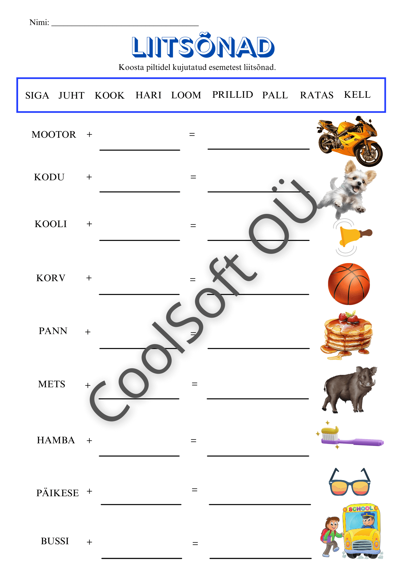 Liitsonad-–-piltide-abil-liitsonade-moodustamise-tooleht Liitsõnade tööleht, kus lapsed moodustavad piltide abil liitsõnu ja kirjutavad vastused vastavatesse lahtritesse.