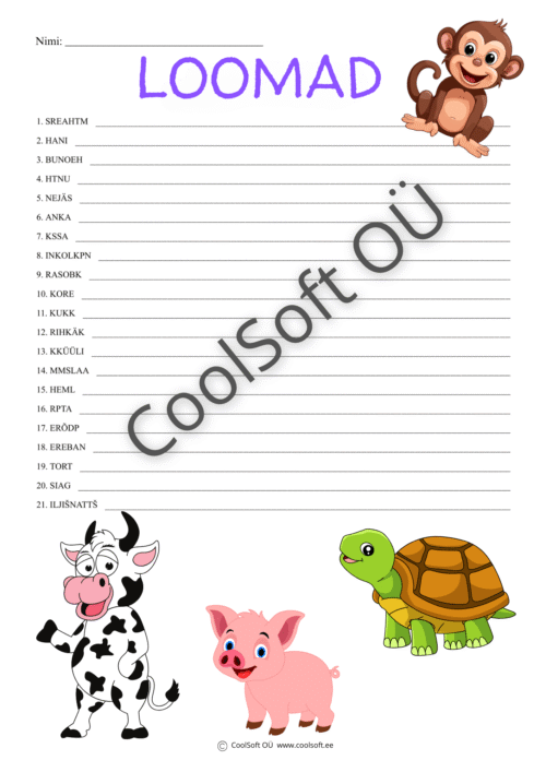 Loomad – sõnade järjestamise tööleht lastele